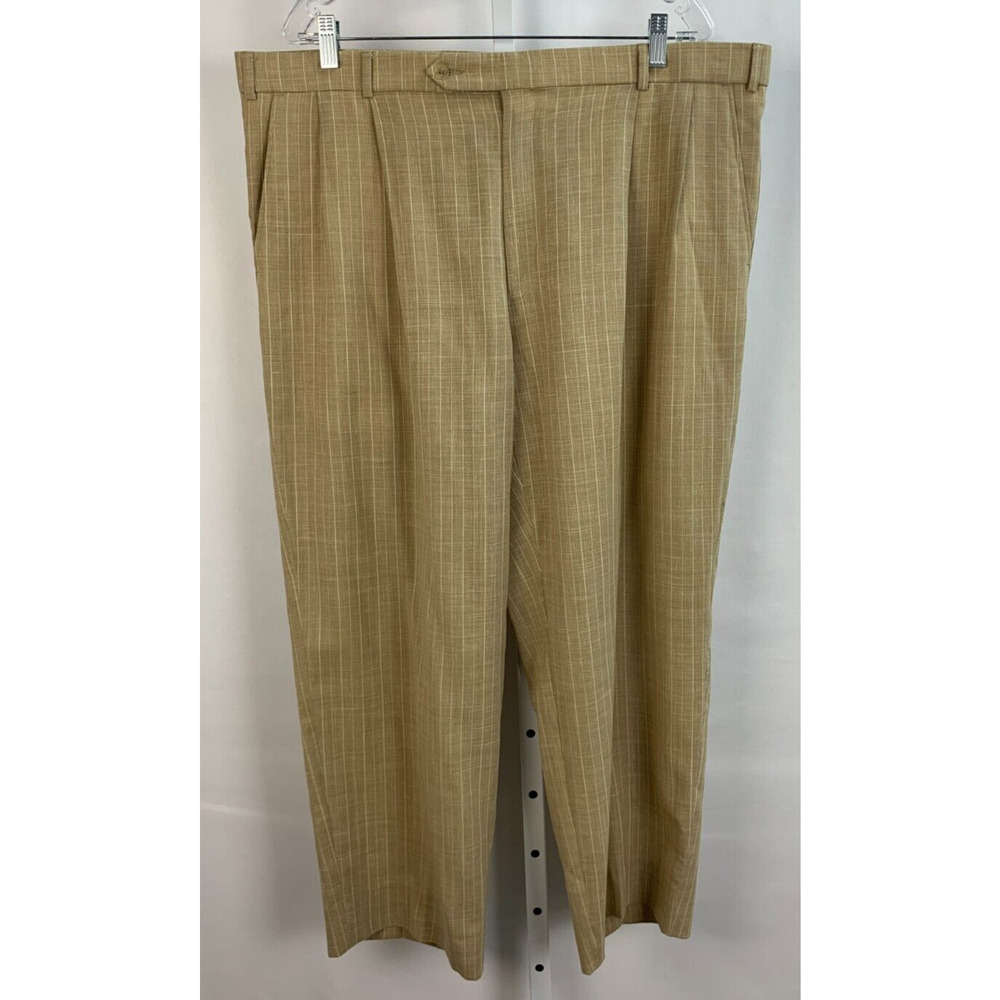 Maus & Hoffman 42 x 27 Tan Cream Pinstripe Pants Pleated Trousers LINEN MENS
